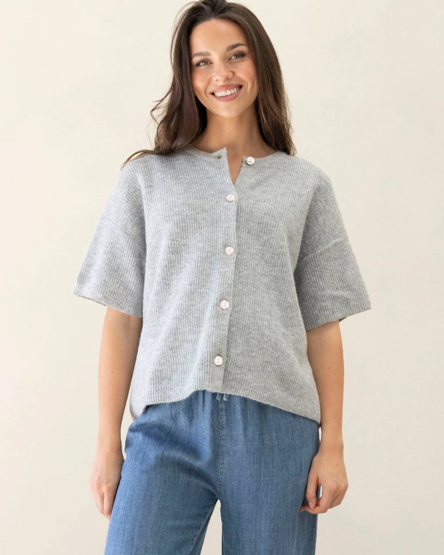 Adele Short Sleeve Maternity Cardigan Knit - Marl Grey