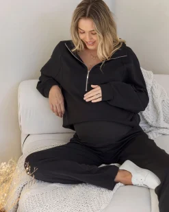 Alanna Maternity Zipper Track Top in Black