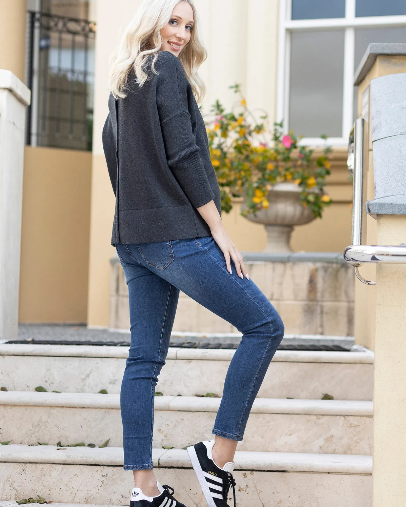 All in One Maternity Reversible Knit Sweater in Charcoal