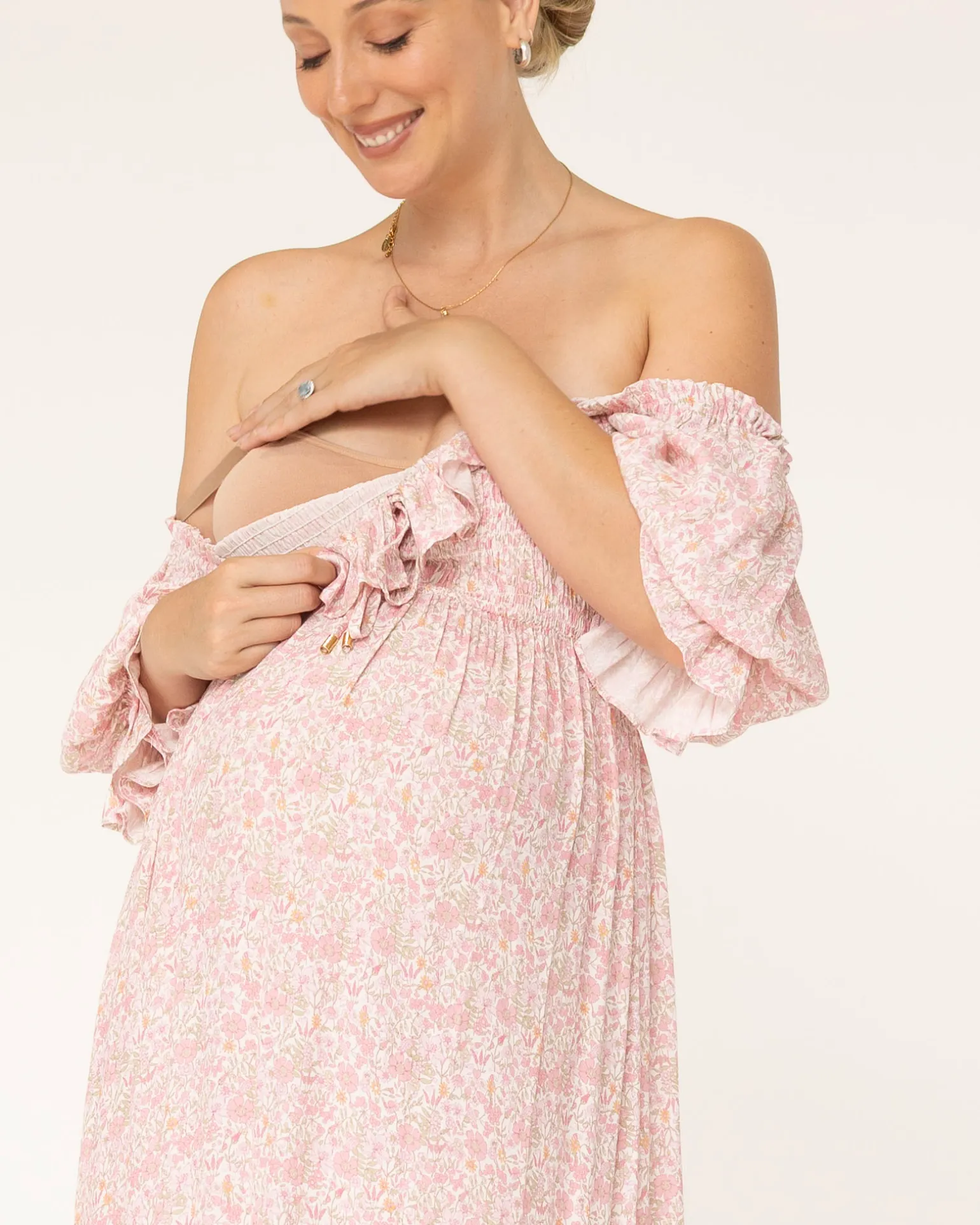 Amber Maternity Baby Shower Dress in Pink Floral