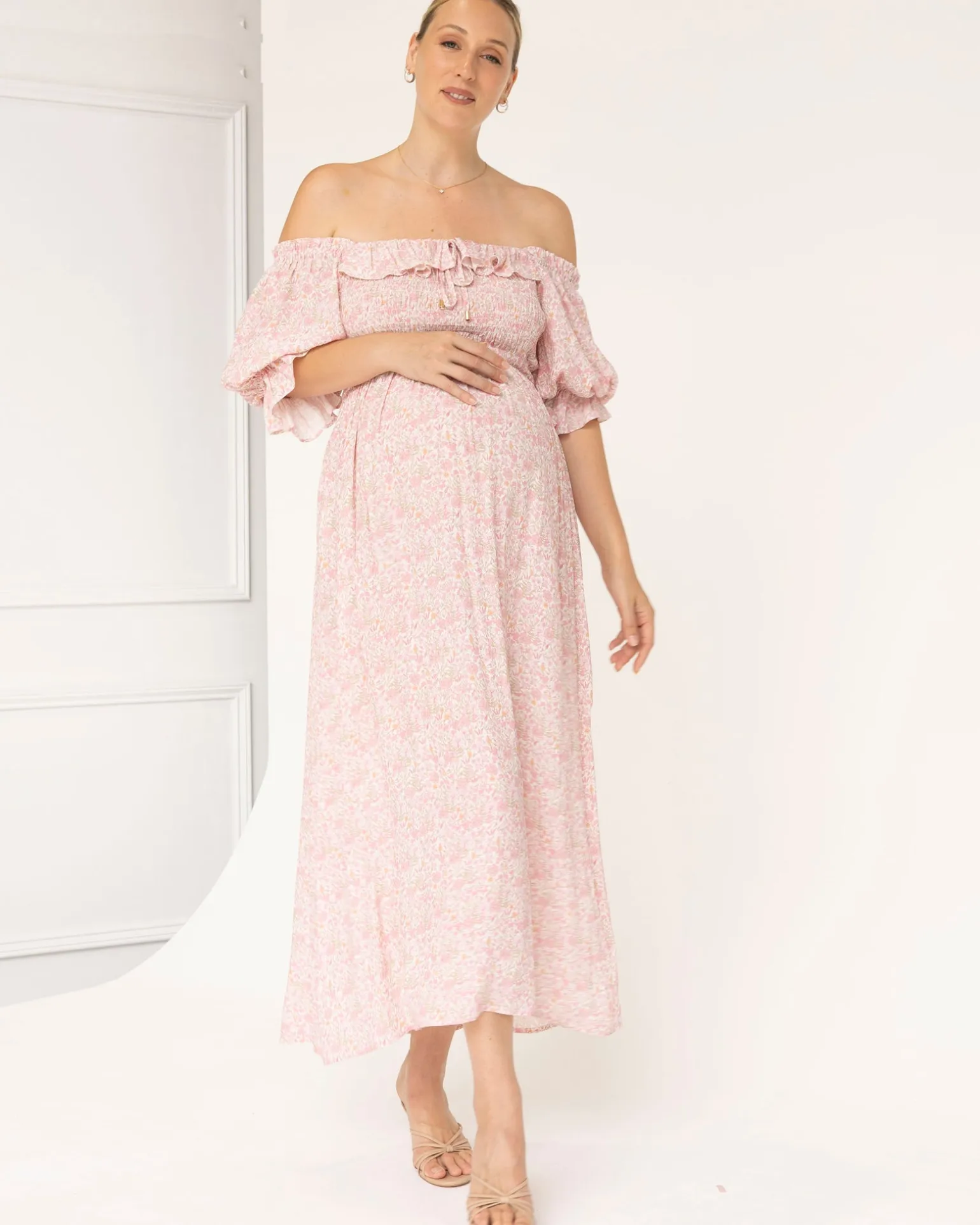 Amber Maternity Baby Shower Dress in Pink Floral