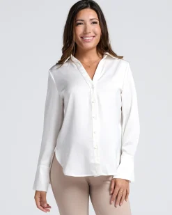 Amelia Elegant Satin-Finish White Maternity Work Shirt