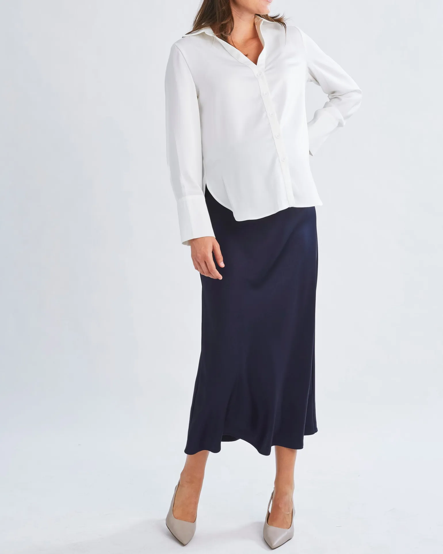Amelia Elegant Satin-Finish White Maternity Work Shirt