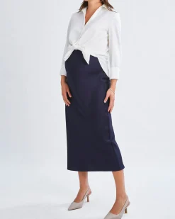 Amelia Elegant Satin-Finish White Maternity Work Shirt