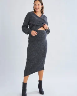 Amélie's Enchanting Allure Asymmetrical Knit Midi Skirt -Charcoal
