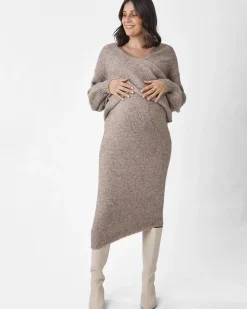 Amélie's Enchanting Allure Asymmetrical Knit Midi Skirt -Taupe