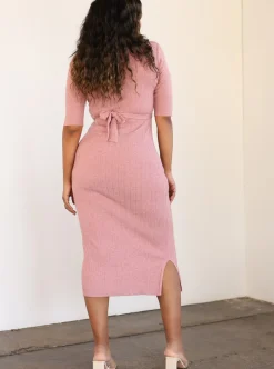 Annabella Wool Knit Maternity Midi Dress in Pink