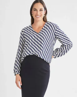 Ashley Geometric Wave-Print V-Neck Long-Sleeve Blouse