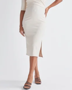 Athena Maternity Pencil Midi Skirt In Oat Milk