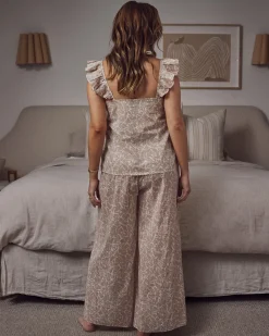Ayla Maternity & Nursing Sheer Cotton Sleepwear Set in Beige Botanical print