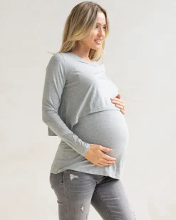 Bamboo Long Sleeve Maternity and Nursing Top - Grey Marl