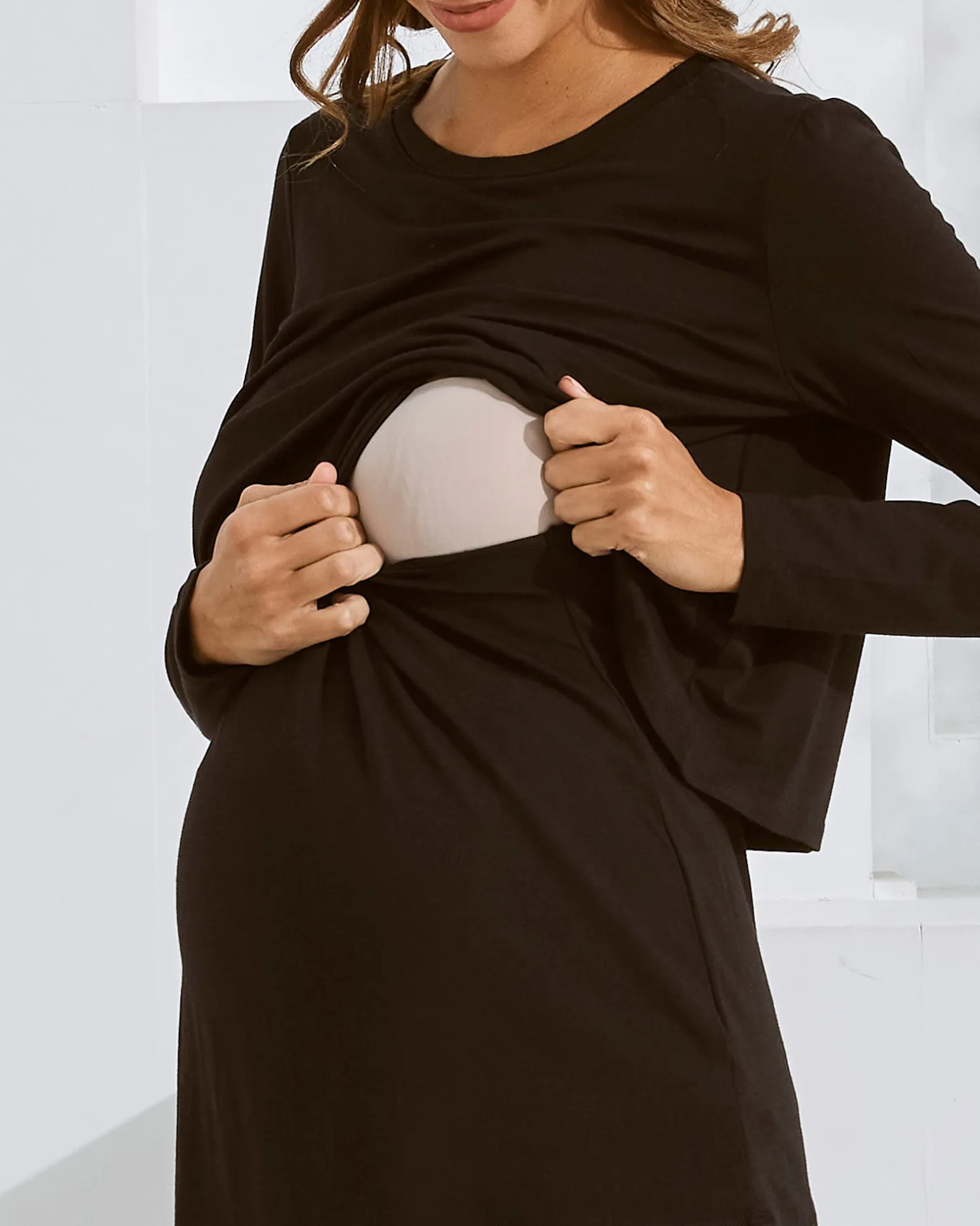 Bamboo Long Sleeve Maternity and Nursing Top in Black