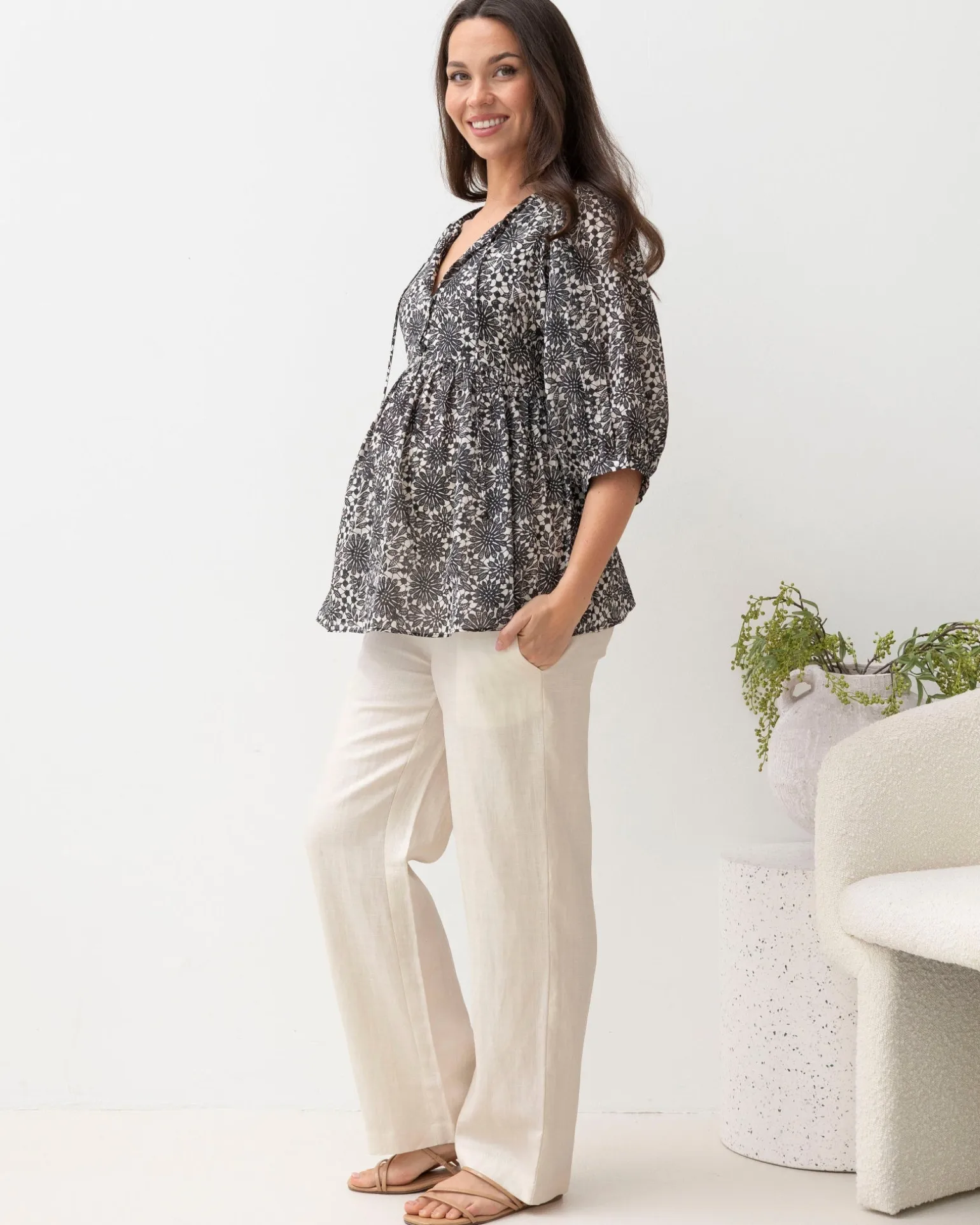 Black Daisy Print Cotton Tunic Top