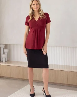 Bree Crossover Black Maternity Work Top in Burgundy