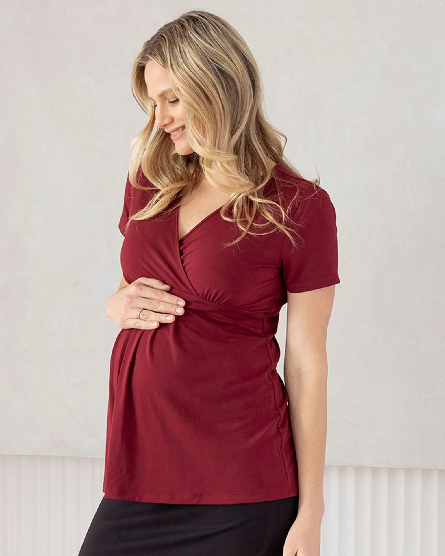 Bree Crossover Black Maternity Work Top in Burgundy