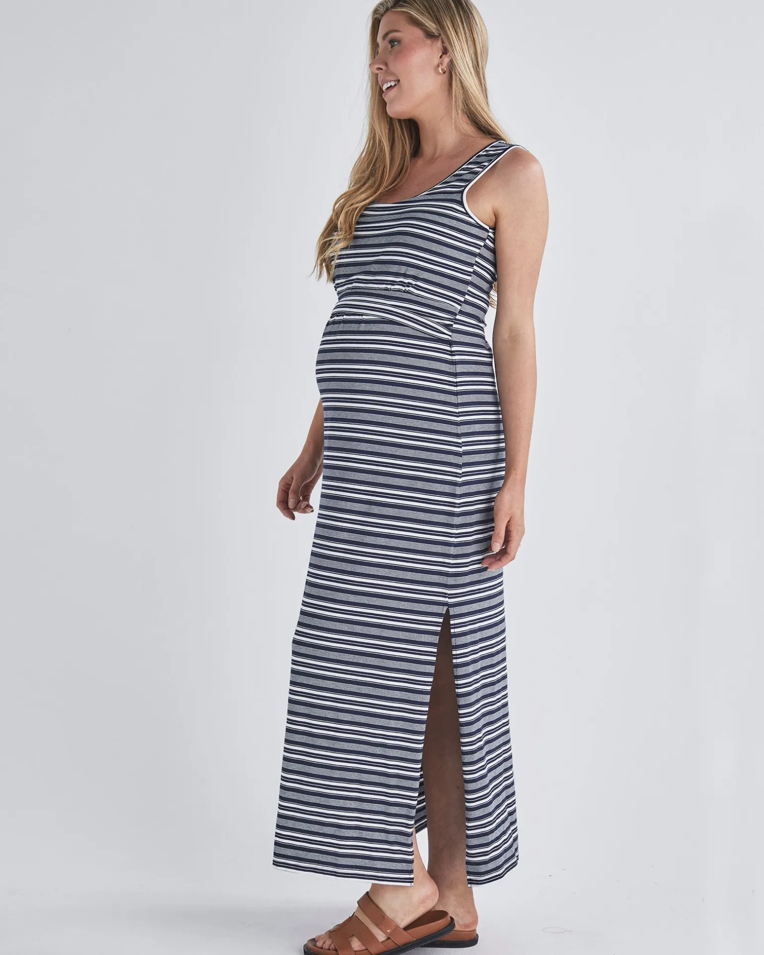 Busy Mama Nursing Maxi Dress in Dark Navy Stripes