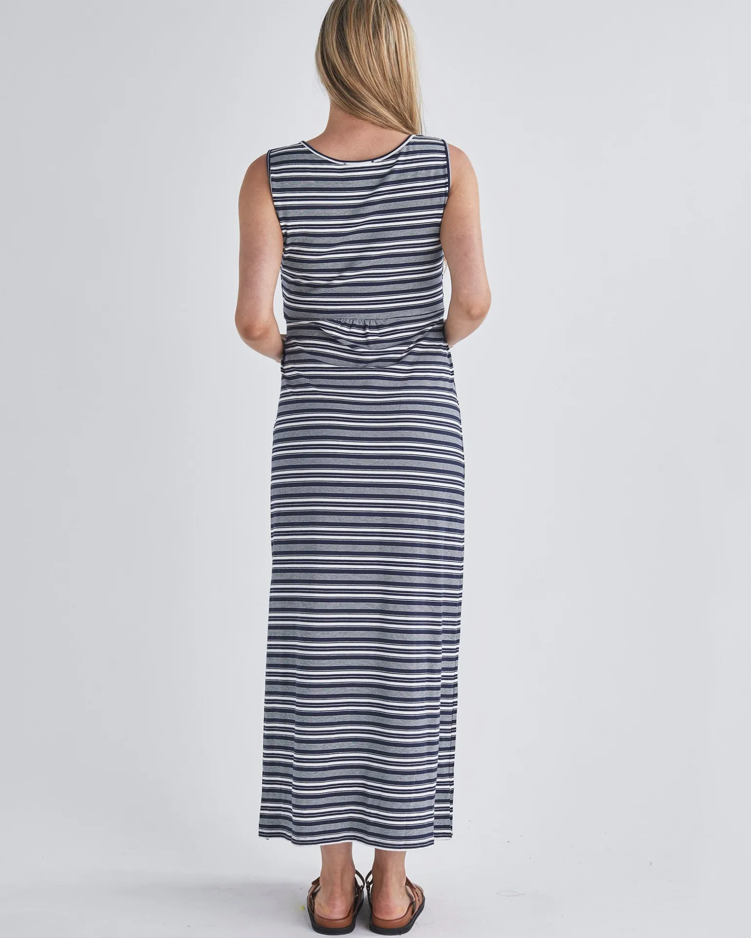 Busy Mama Nursing Maxi Dress in Dark Navy Stripes