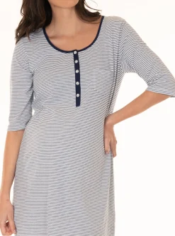 Button Front Nursing Sleep Dress - Navy Stripes