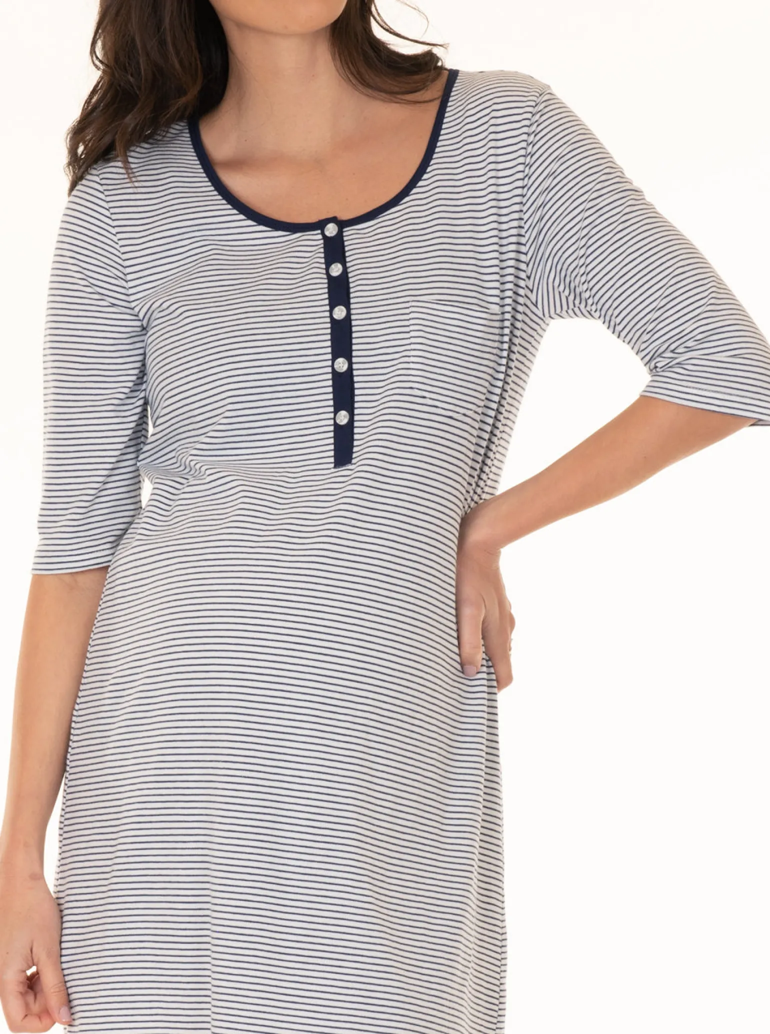 Button Front Nursing Sleep Dress - Navy Stripes