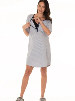 Button Front Nursing Sleep Dress - Navy Stripes