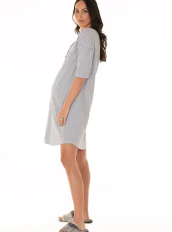 Button Front Nursing Sleep Dress - Navy Stripes