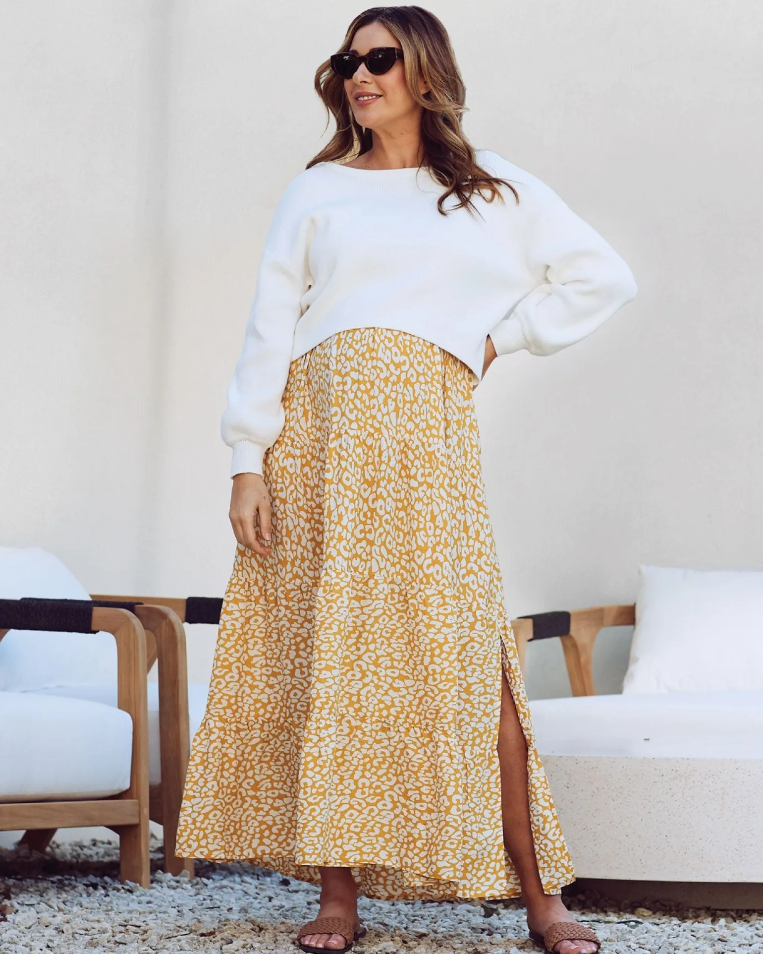 Chelsea Maternity Ruffled Maxi Dress in Yellow Animal Print