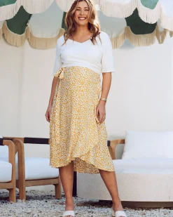 Christie Maternity Wrap Midi Skirt in Yellow Animal Print