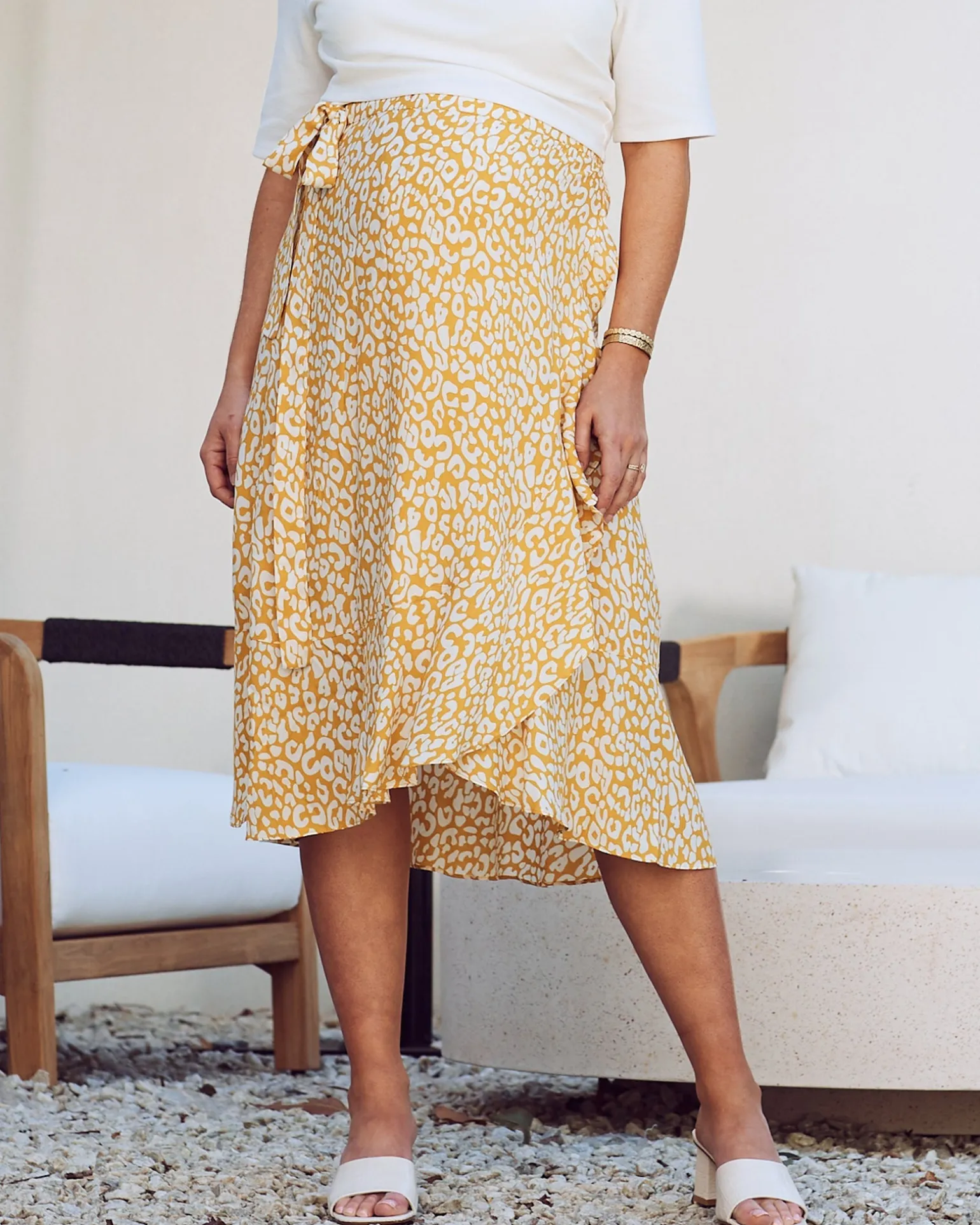 Christie Maternity Wrap Midi Skirt in Yellow Animal Print