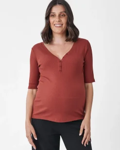 Comfortably Chic Maternity Henley Top in Brick Red