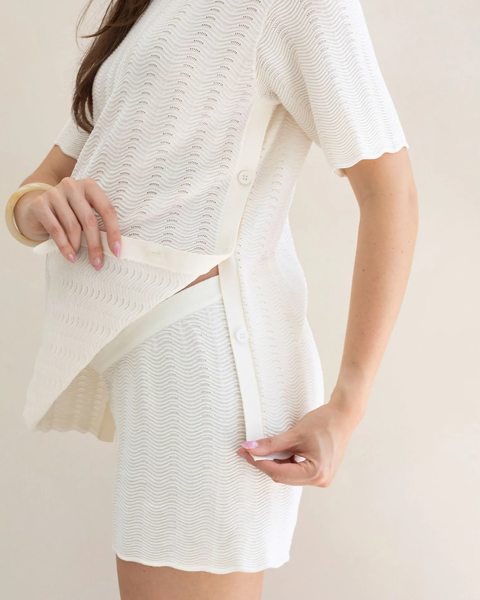 Elena 2 Piece Side Button Knit Set in White
