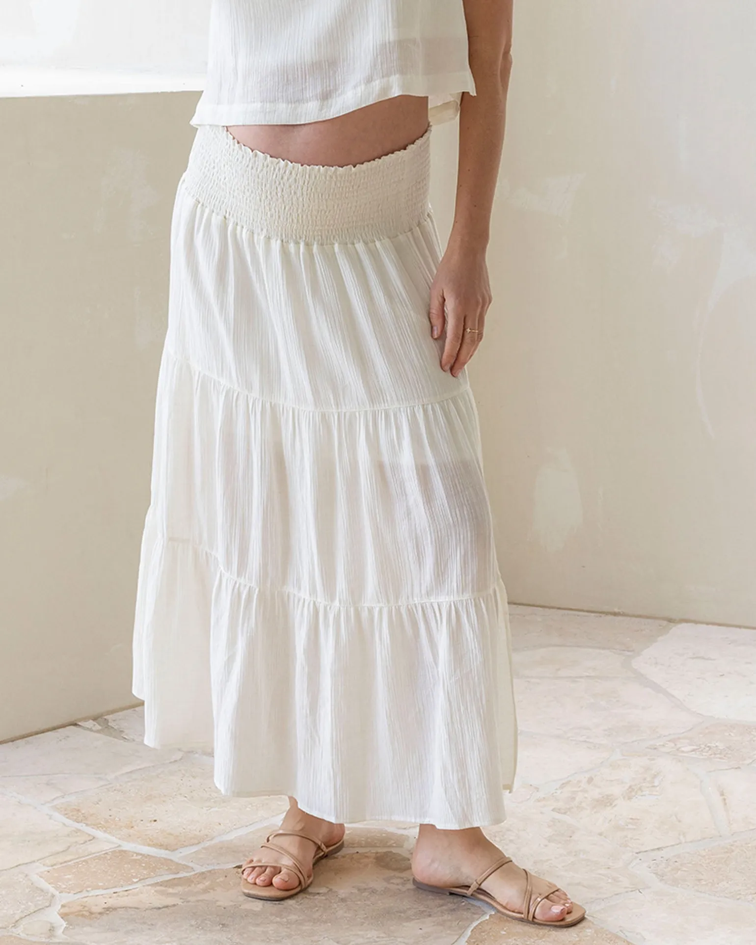 Ellie Maternity Shirred Maxi Skirt in White