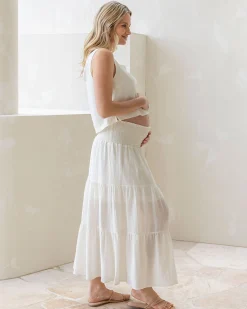 Ellie Maternity Shirred Maxi Skirt in White