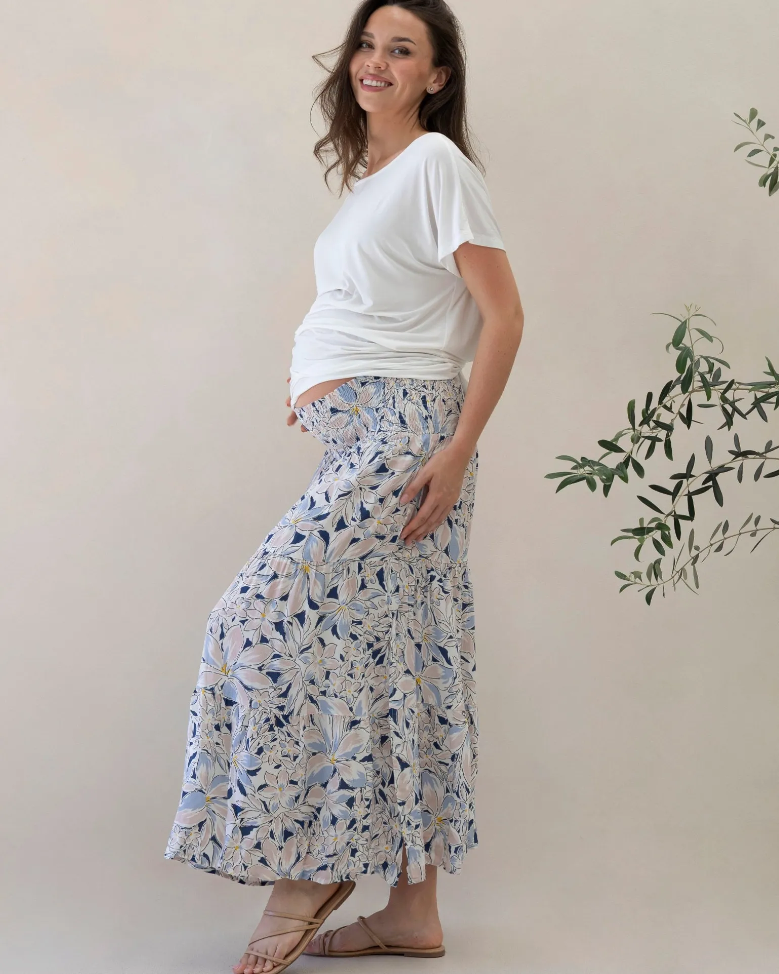 Ellie Maternity Shirred Maxi Dress/Skirt in White/ Navy Floral Print