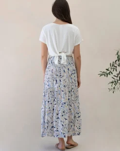 Ellie Maternity Shirred Maxi Dress/Skirt in White/ Navy Floral Print