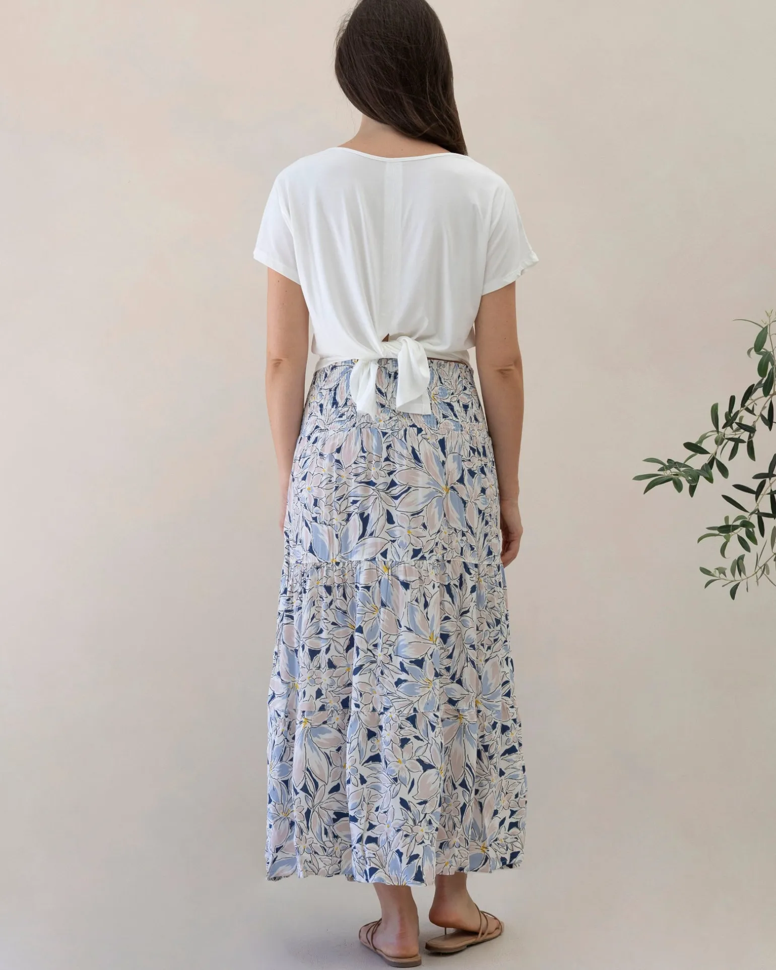 Ellie Maternity Shirred Maxi Dress/Skirt in White/ Navy Floral Print