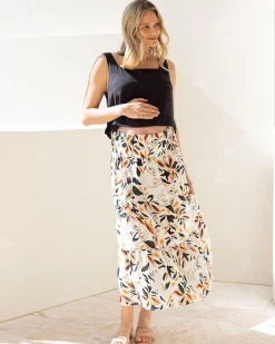 Ellie Maternity Shirred Maxi Skirt in Orange Leaf