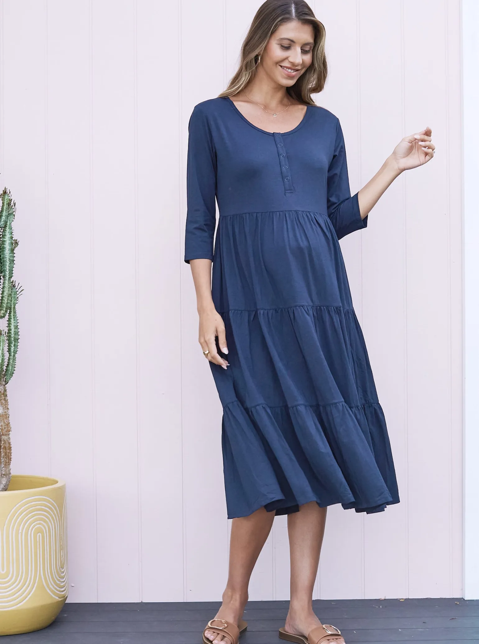 Essential Maternity Tiered Midi Dress in Navy