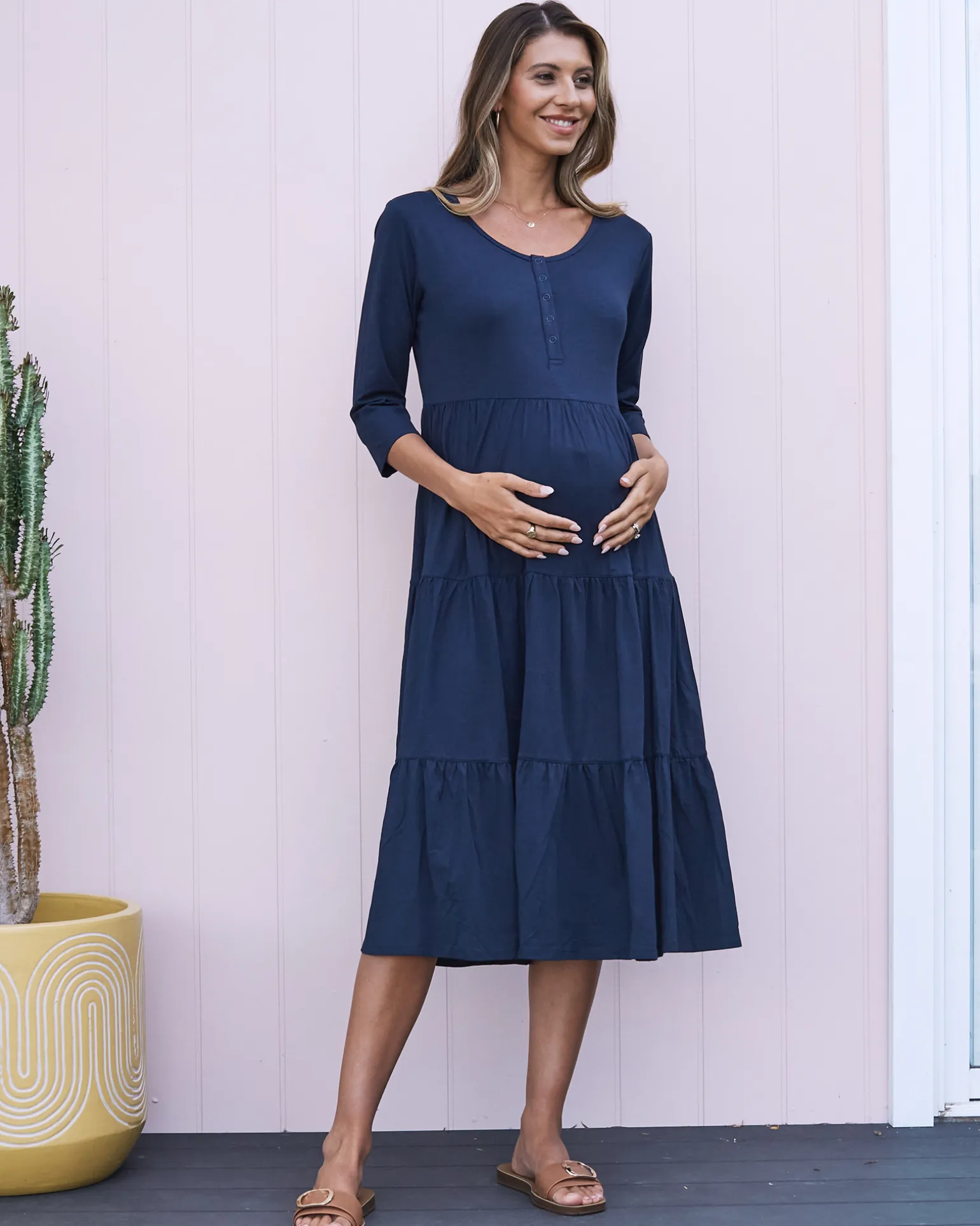 Essential Maternity Tiered Midi Dress in Navy