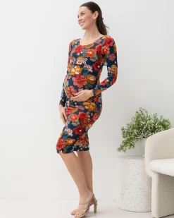 Flora Long Sleeve Red Floral Print Maternity Bodycon Dress