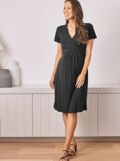 Iris Maternity Crossover Neckline Tie Back Jersey Work Dress in Black