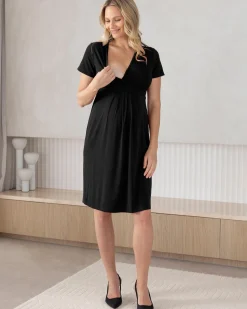 Iris Maternity Crossover Neckline Tie Back Jersey Work Dress in Black
