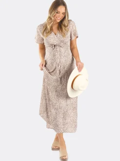 Isabella Beige Leopard Print Maternity & Nursing Wrap Dress