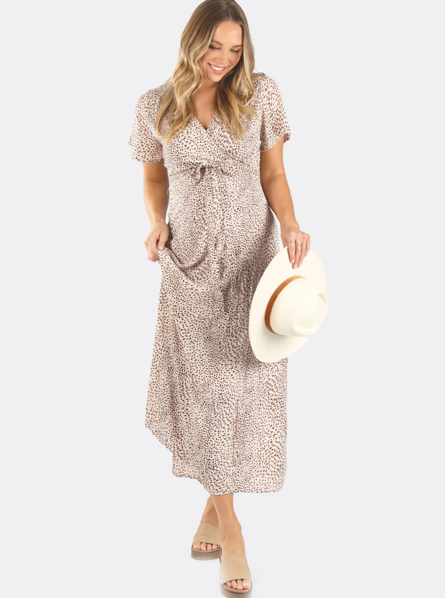 Isabella Beige Leopard Print Maternity & Nursing Wrap Dress