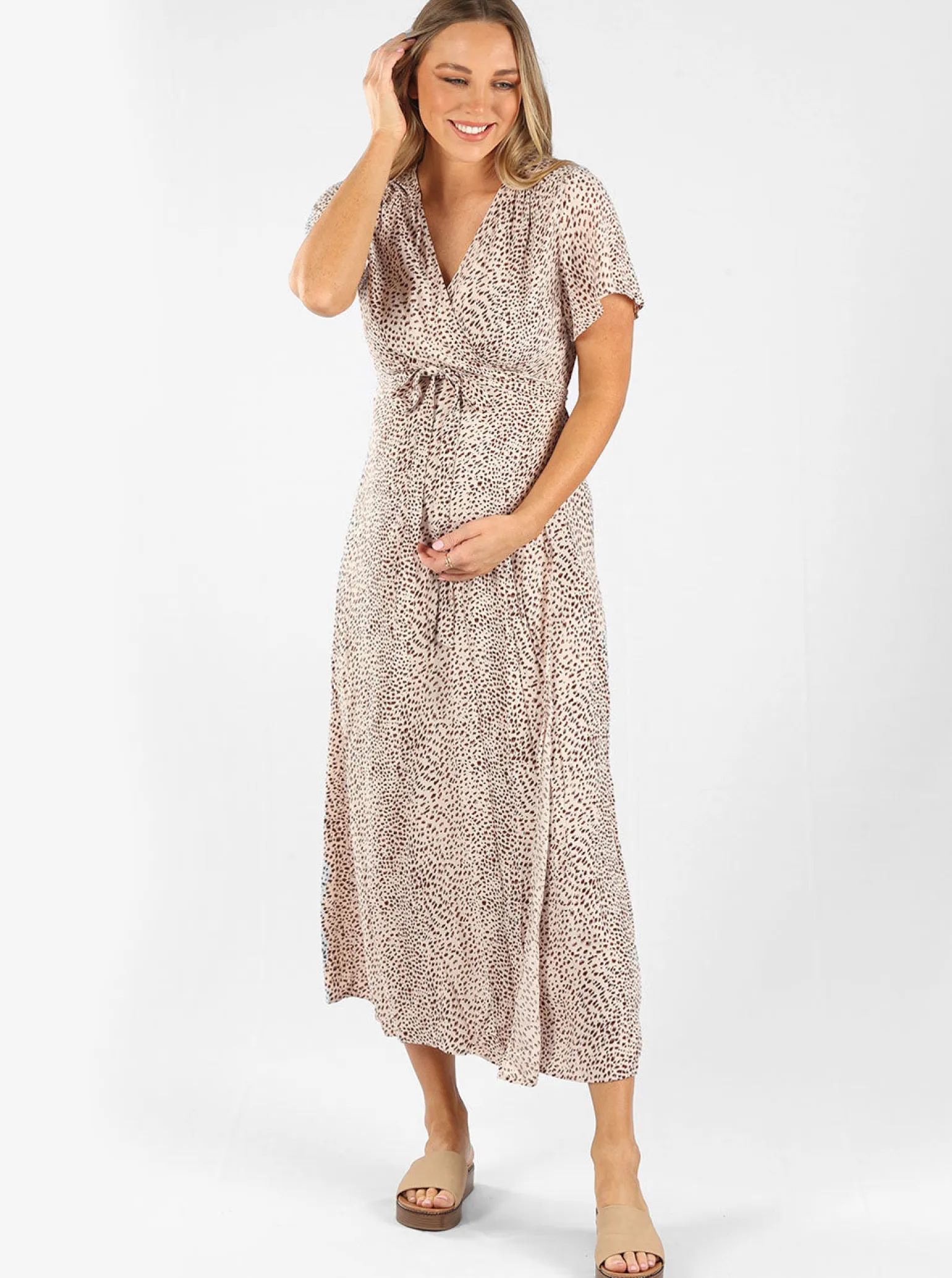 Isabella Beige Leopard Print Maternity & Nursing Wrap Dress