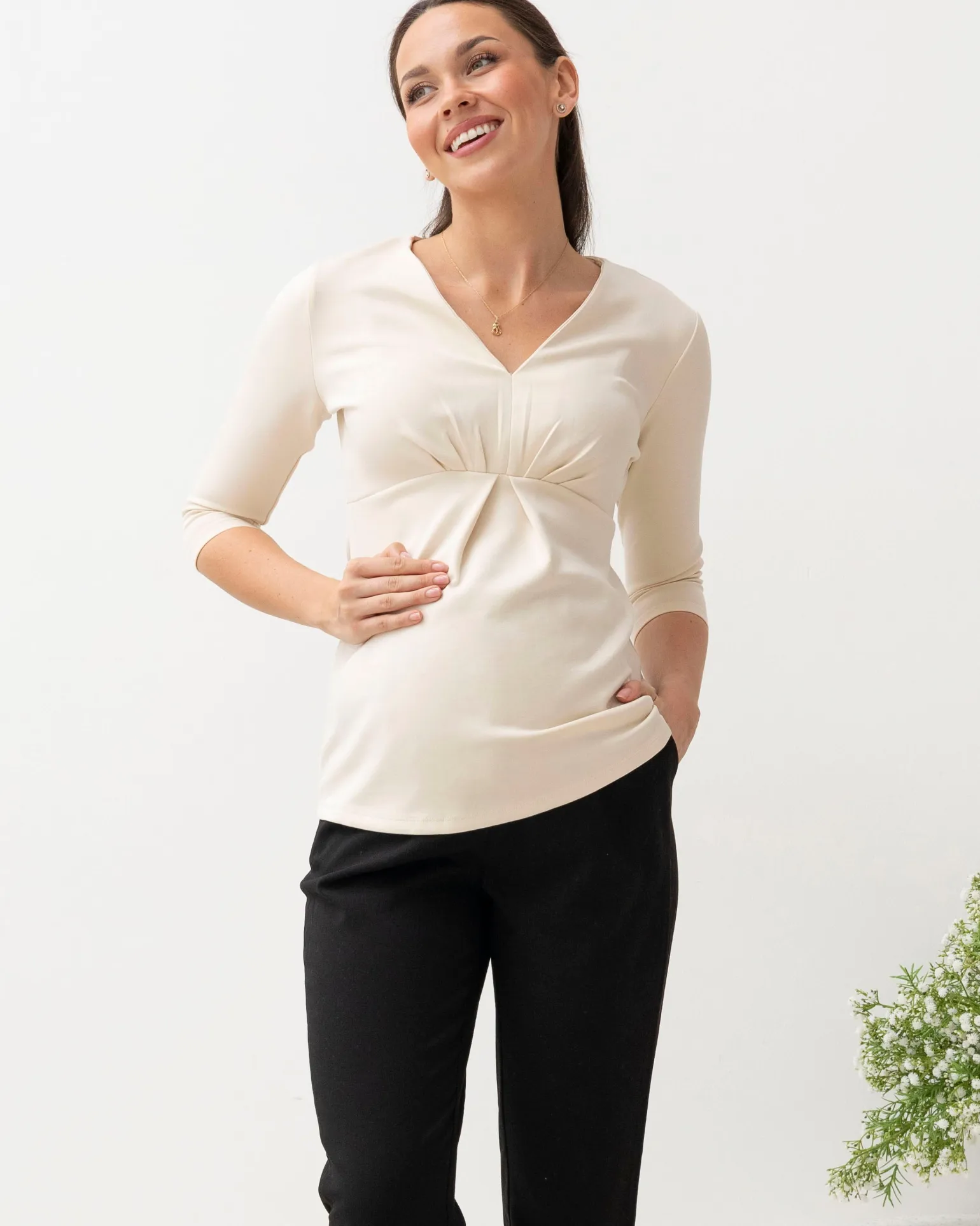 Jenni Half Sleeve Maternity V-Neck Work Top in Apricot