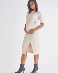 Juliet Maternity Bodycon Dress with Side Button Detail in Cream