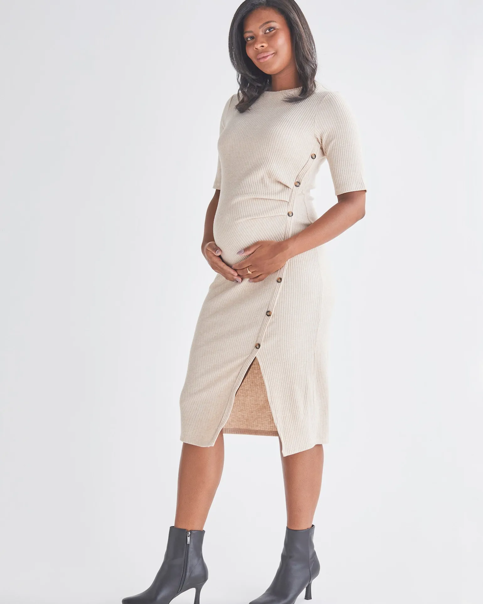 Juliet Maternity Bodycon Dress with Side Button Detail in Cream