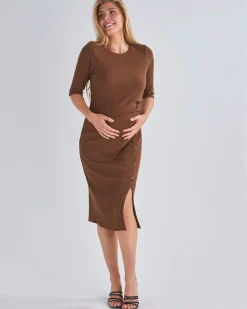 Juliet Maternity Bodycon Dress with Side Button Detail in Brown