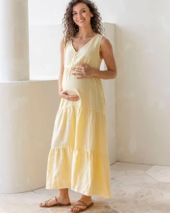 Kiara Linen Maternity Maxi Dress in Lemon