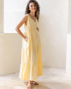 Kiara Linen Maternity Maxi Dress in Lemon